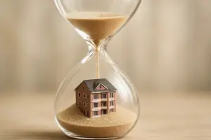 In einer Sanduhr wird eine Immobilie langsam vom herabrieselnden Sand bedeckt. Die Zeit wird knapp...