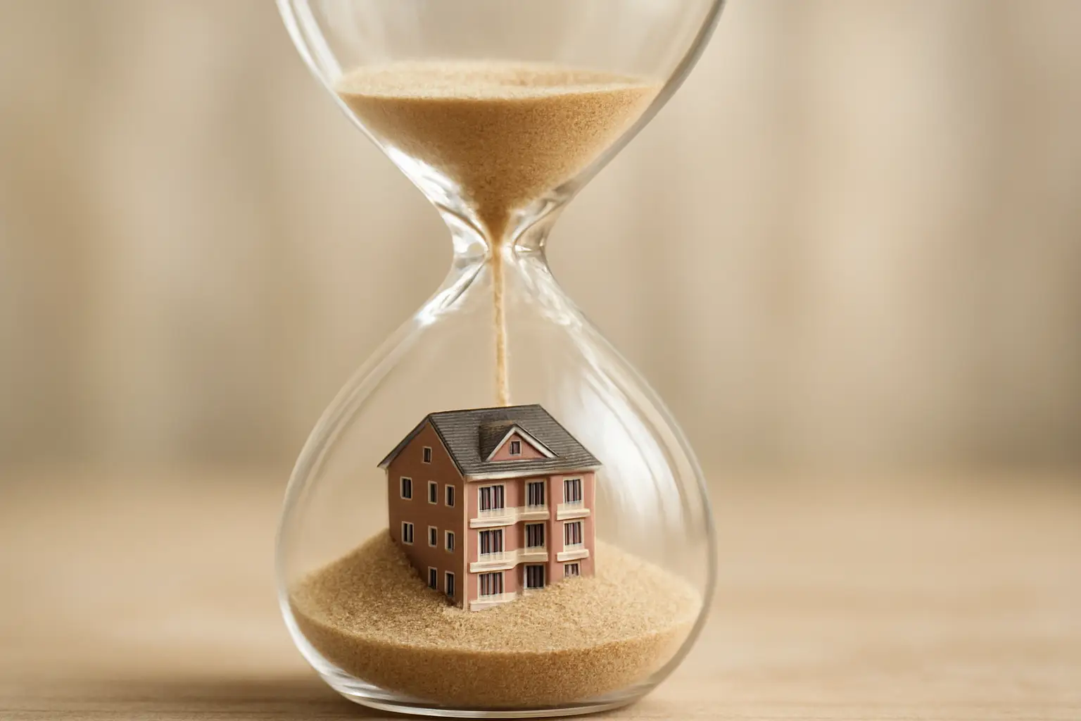 In einer Sanduhr wird eine Immobilie langsam vom herabrieselnden Sand bedeckt. Die Zeit wird knapp...